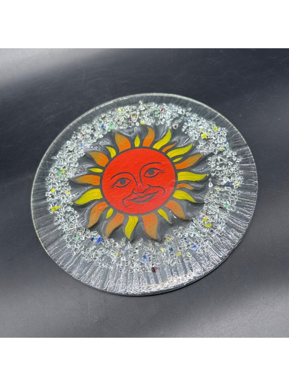 Fused Glass Sun Face Decorative Plate Handmade Textured Vibrant Colors Tray